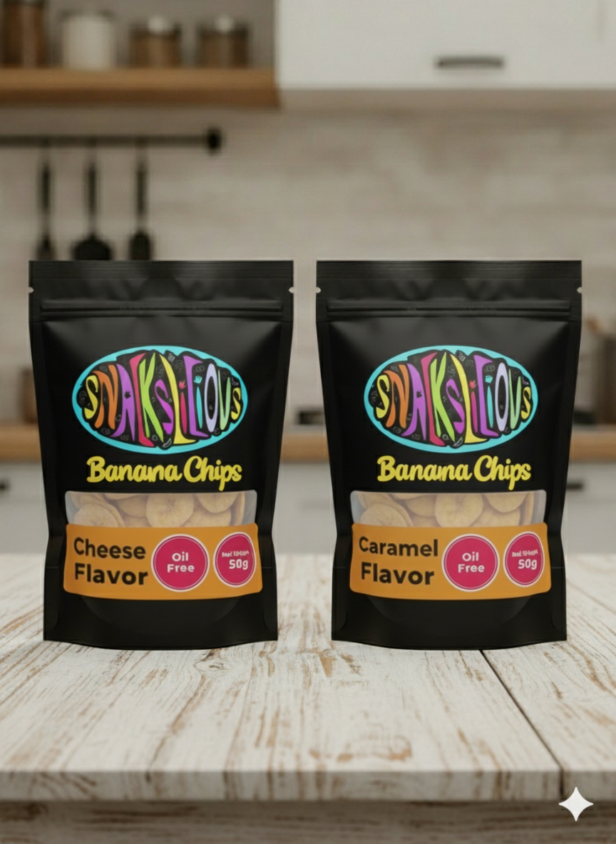 Banana Chips Pack of 2 – Caramel & Cheese Flavors | Oil-Free, Preservative-Free & Safe for Kids – Snackslicious