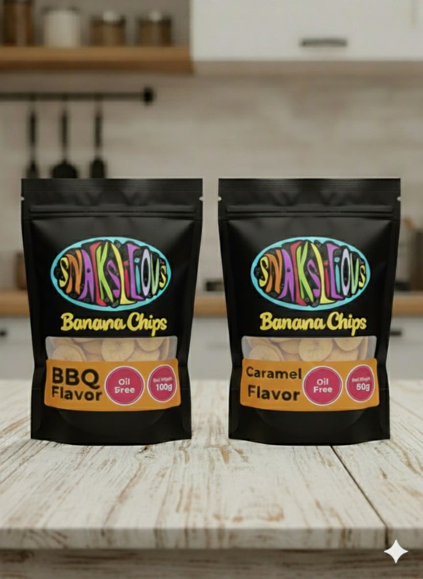 Snackslicious BBQ & Caramel Banana Chips – Pack of Two | Oil-Free & Preservative-Free Healthy Snack
